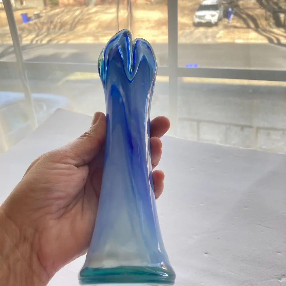 Vintage 5 Finger Blue White Swirl Swung Vase Art Glass Bud Vase Glass 8 inches